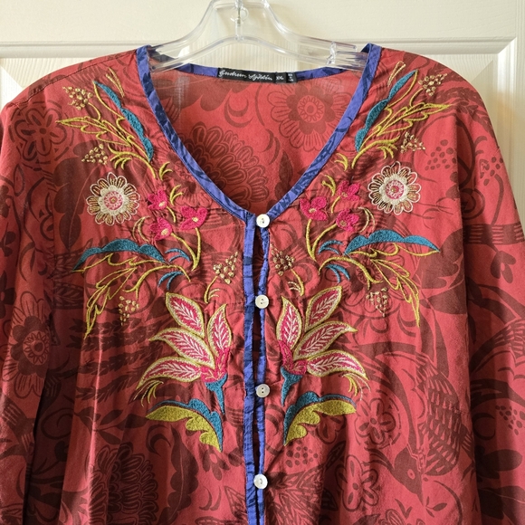 Gudrun Sjoden Tunic Blouse Red with Embroidery - Picture 2 of 5